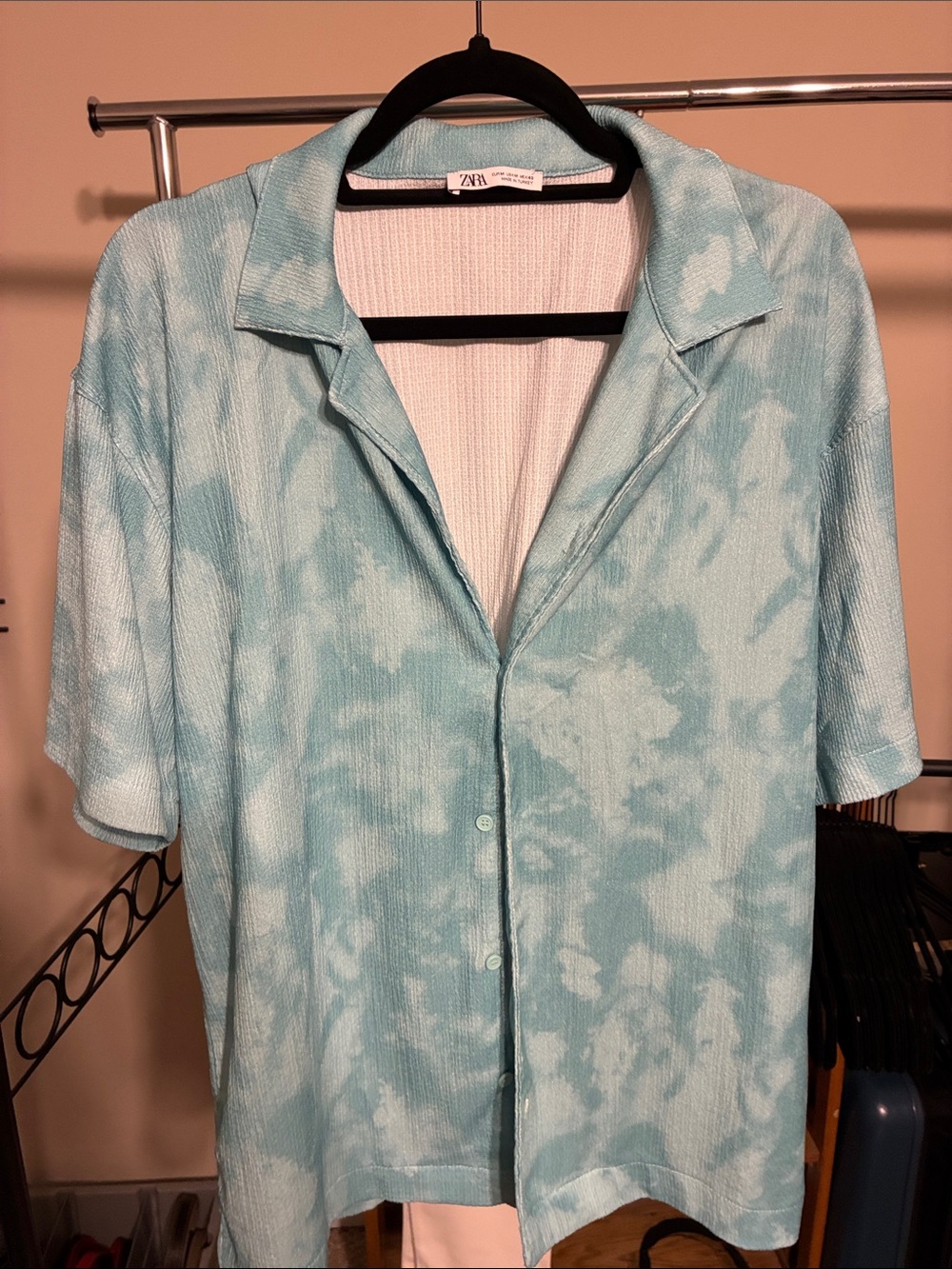 ZARA Light Blue / Teal Tie-Dye Short Sleeve Lightweight Button-Down Shirt - New